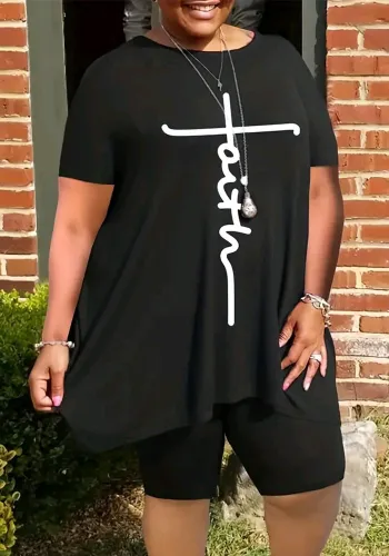 Summer Round Neck Loose Short Sleeve Print Plus Plus Size Two Piece Set