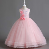 Children's Summer Girls Puff Show Dress Wedding Dress Embroidered Mesh Princess Dress
