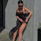 Damen-Sommer-Mesh-Sexy-durchsichtiges, schmales Kleid mit Schlitz