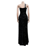 Women's Fashion Solid Color Beaded Sequin Sleeveless Maxi Dress