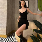 Damen Sommermode Sexy Low Back Tie Slim Slit Kleid