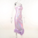 One-Shimmer-Kleid mit Farbverlauf und flauschigem Saum, schickes, sexy langes Damenkleid