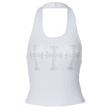 Damen-Unterhemd im Sommerstil mit Perlen, U-Ausschnitt, Neckholder und tiefem Rücken, ärmellos, schmale Passform