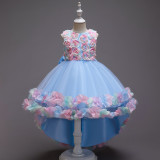 Kinderkleid, Mesh-Blumen-Laufsteg-Kleid, Schlepp-Prinzessin-Kleid, großes Kinder-Performance-Kostüm