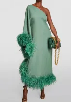 Spring and summer women's feather one shoulder large swing evening dress