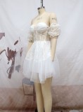 Women's dress V-neck strapless lace mini princess white bridesmaid dress