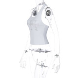 Damen-Unterhemd im Sommerstil mit Perlen, U-Ausschnitt, Neckholder und tiefem Rücken, ärmellos, schmale Passform