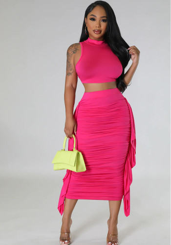 Women Solid Ruffle Crop Tank Top and Skirt Two-Piece Set