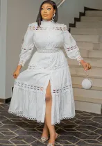 Plus Size Women Vintage Hollow Lace Patchwork Solid Round Neck Loose Long Dress