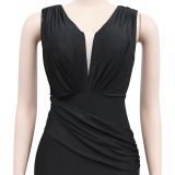 Women Solid V-Neck Sleeveless Pleated Maxi Dress