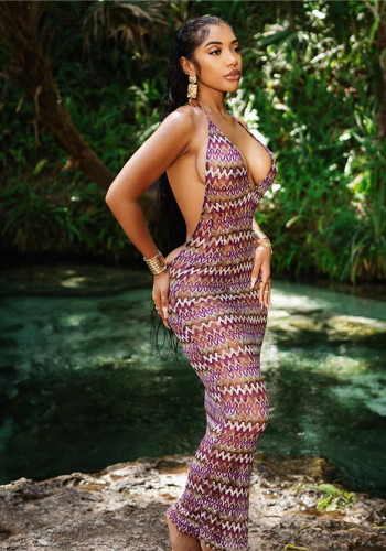 Vestido Boho feminino verão sexy malha transparente estampado sem costas