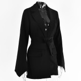 WomenCasual Solid Long Sleeve Lace-Up Belted Blazer