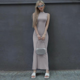 Vestido de color liso sin mangas con cuello redondo y corte ajustado a la moda de verano para mujer