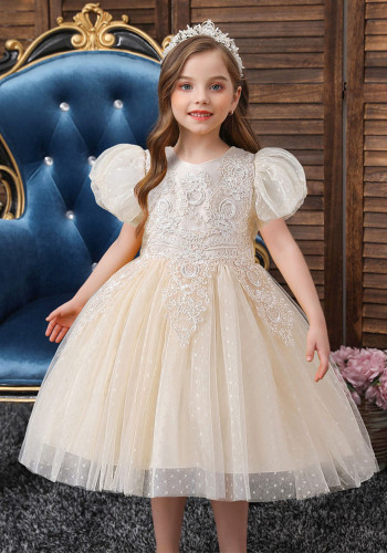 Mädchen Puffärmel Trendiges einjähriges Blumenmädchenkleid Rock Kinder Kurzes Mesh Puffy Prinzessinnenkleid