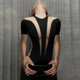 Women's Summer Fashion mesh Patchwork Round Neck Short Sleeve Bodysuit