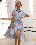 Women's Summer Slim Waist Single Breasted Printed Short Sleeve Dress