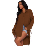 Women's Fashion Casual Solid Color Drawstring Long Shirt