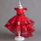 Children's Princess Dress Bow Knot Tutu Skirt One Year Dress Girls Wedding Dress Catwalk Piano Trailing Costume