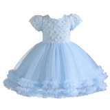 Einjähriges Mädchenkleid, Prinzessinnenkleid, Blumenmädchen, kurzärmeliger Tutu-Rock, Blumen-Mesh-Geburtstagsrock