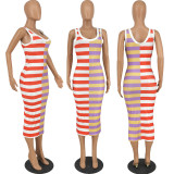 Women Summer Sexy Stripes Colorblock Sleeveless Midi Dress
