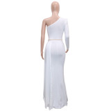 Women Elegant One Shoulder Long Sleeve Prom Dress Evening Gown