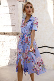 Women's Summer Slim Waist Single Breasted Printed Short Sleeve Dress