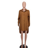 Women's Fashion Casual Solid Color Drawstring Long Shirt