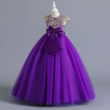 Long middle-aged and older children's dress girls mesh princess bowknot dress