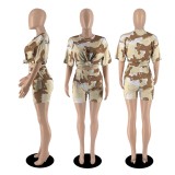 Sommermode für Damen mit mehrfarbigem Camouflage-Motiv, zweiteiliges Shorts-Set