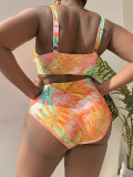 Tankini in Übergröße, mehrfarbiger Druck, sexy, tiefer V-Ausschnitt, einteiliger Bikini-Badeanzug