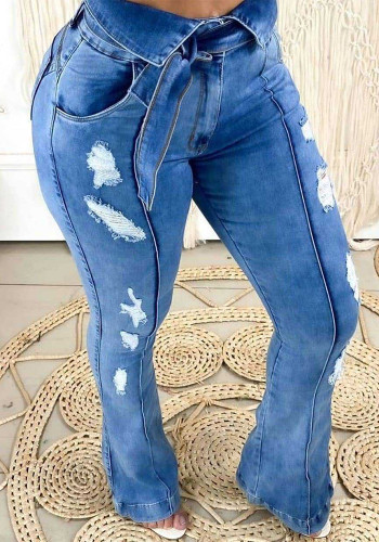 Stylish Jeans Wash Ripped Bell Bottom Denim Pants