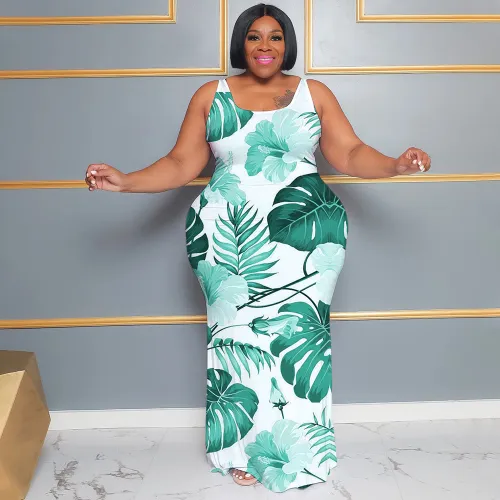 Plus Size Women's Summer Casual Sleeveless Digital Print Long Dress