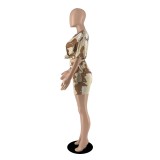 Sommermode für Damen mit mehrfarbigem Camouflage-Motiv, zweiteiliges Shorts-Set