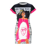 Fashion Ladies Cartoon Character Letter Print Round Neck Short Sleeve Casual Dress
