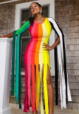 Damenkleid, modisch, mehrfarbig, Streifendruck, Streamer-Quaste, eng anliegendes Kleid
