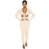 Women Solid Sexy Lace-up Hollow Long Sleeve Jumpsuit
