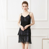 Ladies Party Sling Sequin Tassel Latin Prom Dress Party Sexy V Neck Dress