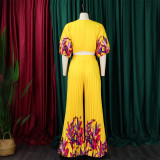 Women's Summer fashion v-neck printed top wide-leg pants two-piece suit