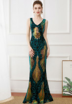 Ladies Evening Elegant Sequined Mermaid V-Neck Maxi Evening Dress
