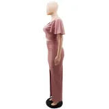 Women Ruffle Sleeve Crop V-Neck Top and Slit Bodycon Skirt Two-Piece Set