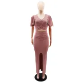 Women Ruffle Sleeve Crop V-Neck Top and Slit Bodycon Skirt Two-Piece Set