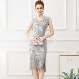 Plus Size Women Retro Prom V-Neck Sequin Beaded Tassel Evening Dress