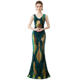 Ladies Evening Elegant Sequined Mermaid V-Neck Maxi Evening Dress