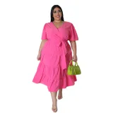 Plus Size Women Short Sleeve V Neck Solid Belt Loose Maxi Dress