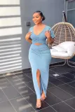 Women Ruffle Sleeve Crop V-Neck Top and Slit Bodycon Skirt Two-Piece Set