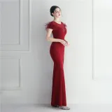 Mesh Beaded + Embellished Feather Star Red Carpet Long Evening Gown