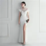 Mesh Beaded + Embellished Feather Star Red Carpet Long Evening Gown