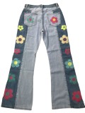 Denim-Hose für Damen, farblich passende seitliche Stickerei, Blumen, hohe Taille, Bootcut-Hose