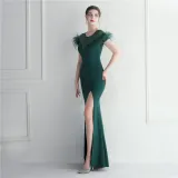 Mesh Beaded + Embellished Feather Star Red Carpet Long Evening Gown