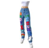 Trendige, lockere, bedruckte Graffiti-Jeanshose für Damen mit hoher Taille